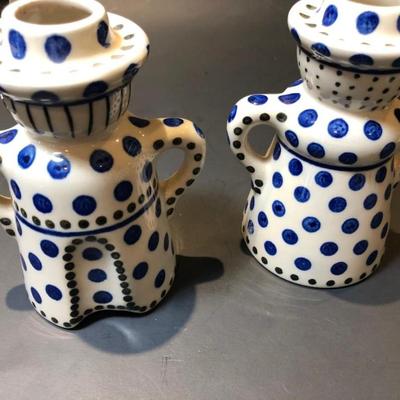 Polish Pottery Blue Dot Man and Woman Candle Sticks