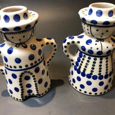 Polish Pottery Blue Dot Man and Woman Candle Sticks