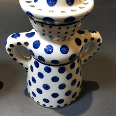 Polish Pottery Blue Dot Man and Woman Candle Sticks