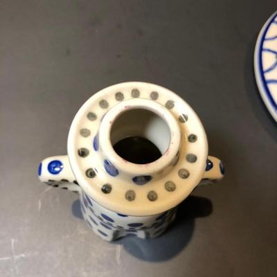 Polish Pottery Blue Dot Man and Woman Candle Sticks