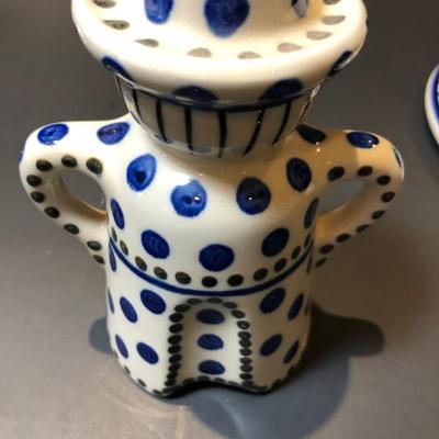 Polish Pottery Blue Dot Man and Woman Candle Sticks