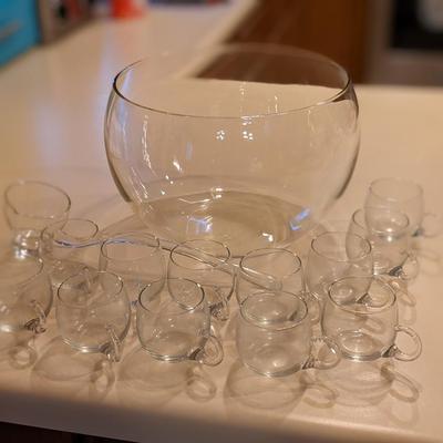 Modern Punch Bowl and 13 Glasses, Hand Blown