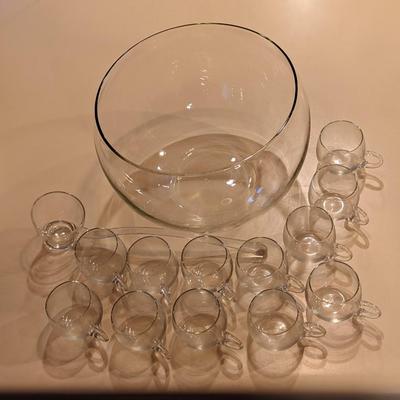 Modern Punch Bowl and 13 Glasses, Hand Blown