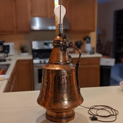 Amazing Antique Middle Eastern Copper Hand Forged Converted Water Pitcher with Lid Lamp
