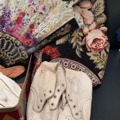 LOT 7: Vintage  Fringed Floral Shaw, Ladies Gloves, & Fans