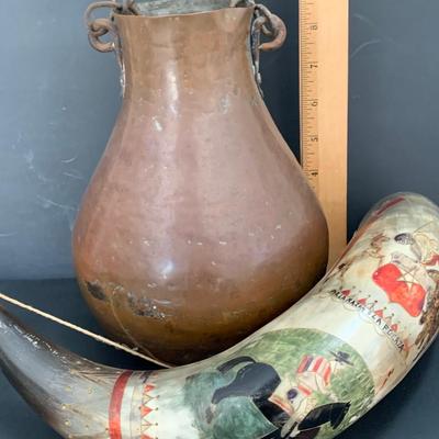 LOT 20: Vintage Hanging Copper Jug & Carved/Painted Bull Horn