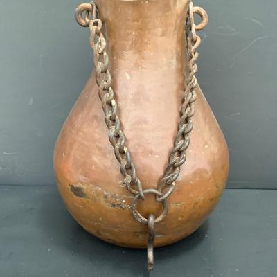 LOT 20: Vintage Hanging Copper Jug & Carved/Painted Bull Horn