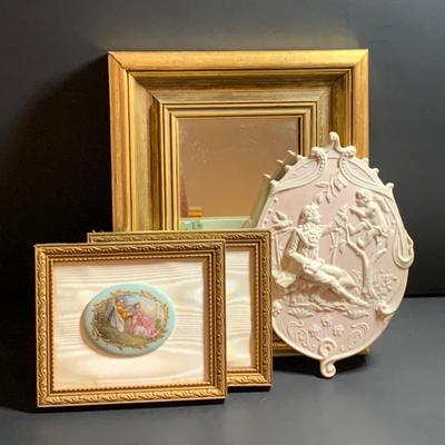LOT 33R:  Vintage Porcelain Picture Wall Plaques, Pink Bisque Porcelain  Wall Plaque & Framed Gold Mirror