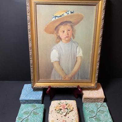 LOT 35R: Framed Numbered Print of Mary Cassatt's Child in a Straw Hat & Collection of Decorative Trinket Boxes