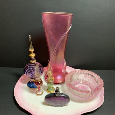 Lot 36: Signed Pink Vase, Purple Bowl w/Filigree Overlay, Decorative Perfume Bottles & More