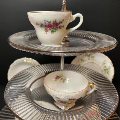 LOT 42R: Vintage Serving Pieces: Limoges Tea Cup, Marx & Gutherz (3-piece bowl)  Three-Tiered Platter & More