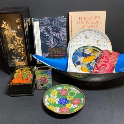 LOT 46R: Asian Themed Decor: Playing Cards, Enamel Overlay, Trinket Box, Sewing Kit & More