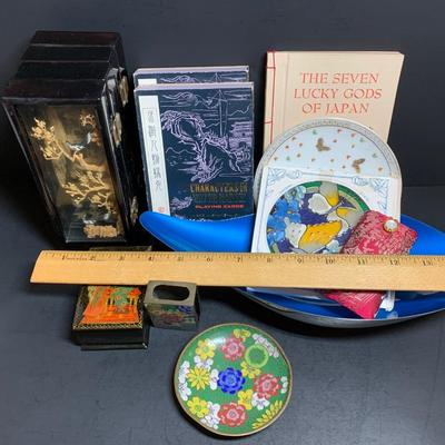 LOT 46R: Asian Themed Decor: Playing Cards, Enamel Overlay, Trinket Box, Sewing Kit & More