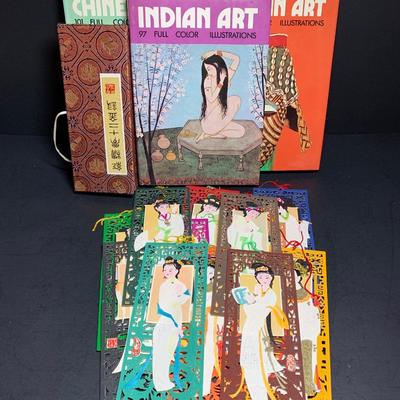 LOT 48: Art Books: Asian, Indian & African, Handcrafted Paper Book Markers &  Vtg.  8 Immortals of Eternity Silk Paper Dolls