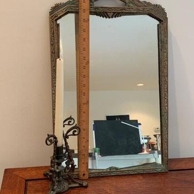 LOT 67R: Brass Framed Mirror and Candleholder