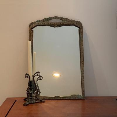 LOT 67R: Brass Framed Mirror and Candleholder