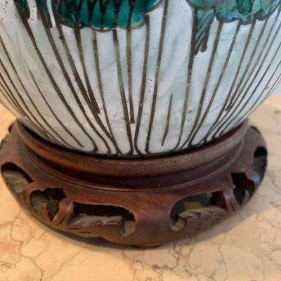 LOT 71: Vintage Painted Table Lamp & Carved End Step Table