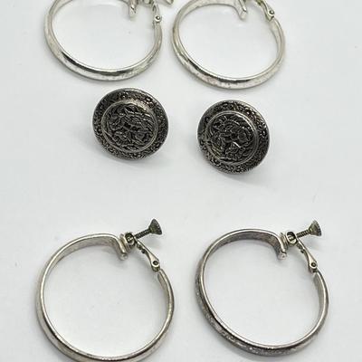 LOT 128: Three Pairs of Vintage Screwback Silvertone Costume Jewelry Earrings (One Missing Part of Screw)