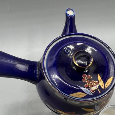 Retro Oriental Pottery Blue Handle Filtered Teapot & Teacup Set