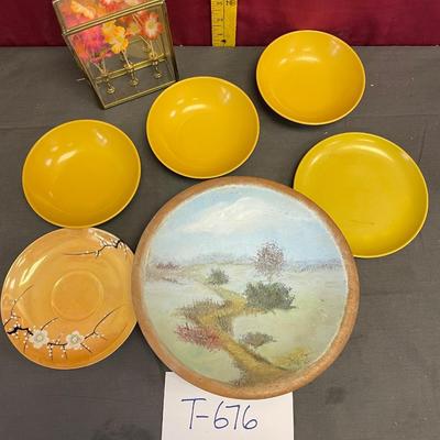 Yellow-bowl,flower, 3 bowls and plastic plates,