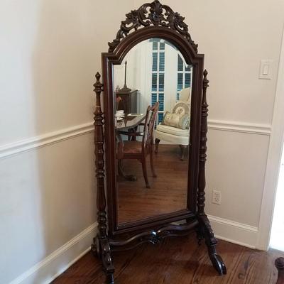 Tall ornately carved wooden cheval mirror in mahogany finish READ DETAILS