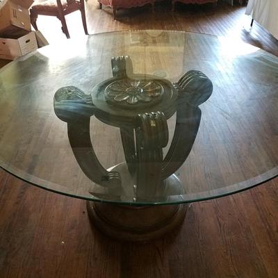 Round thick glass table with wooden base - READ DETAILS
