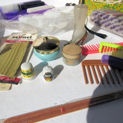 Misc Lot of Vanity Items: Combs, Hair Extension, Travel Bottles, Old Remington Shaver, More