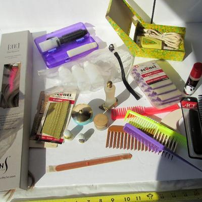 Misc Lot of Vanity Items: Combs, Hair Extension, Travel Bottles, Old Remington Shaver, More
