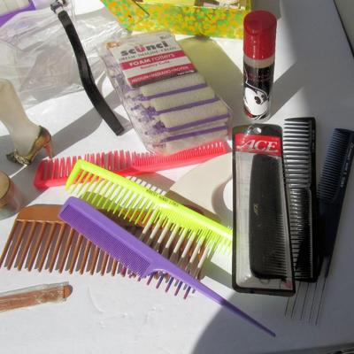 Misc Lot of Vanity Items: Combs, Hair Extension, Travel Bottles, Old Remington Shaver, More