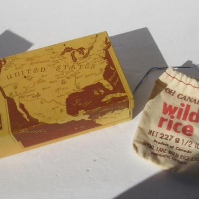 2 Neat Advertising Items: Lazy Bones Box With US Map on Top and Canada Wild Rice Bag