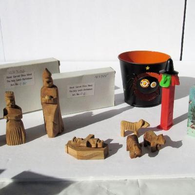 Holiday Lot: Halloween Small Bucket, Pez Witch, Christmas Nativity Pieces from Isreal, Block Toy