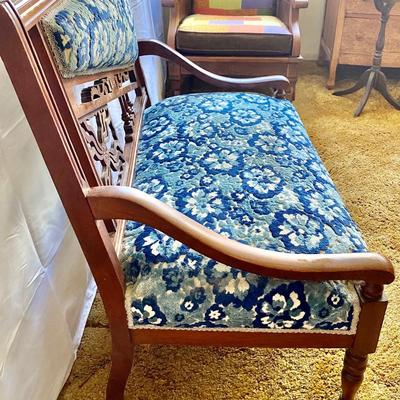 Wonderful Aesthetic Movement Eastlake Settee with fab details, antique plush floral velvet
