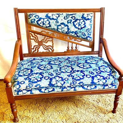 Wonderful Aesthetic Movement Eastlake Settee with fab details, antique plush floral velvet