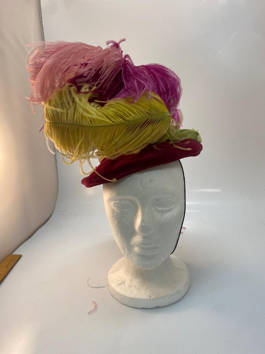 Vintage Antique Marion Valle Original Burgandy Feathered Slouched Top