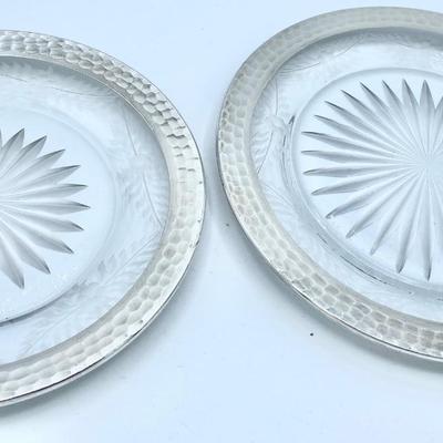 Lovely Rare Pair Shreve Cut Glass plates w Hammered Sterling Rims