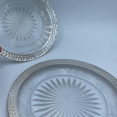 Lovely Rare Pair Shreve Cut Glass plates w Hammered Sterling Rims