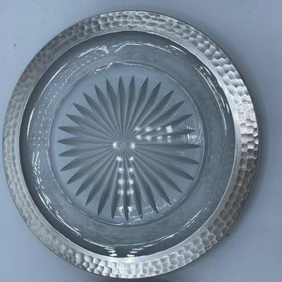 Lovely Rare Pair Shreve Cut Glass plates w Hammered Sterling Rims