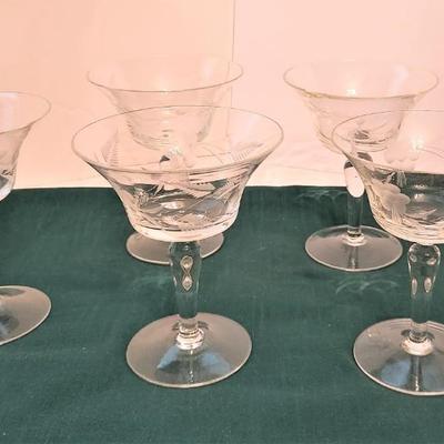 Lot #104  Set of 6 Vintage Crystal Etched Champagne Glasses