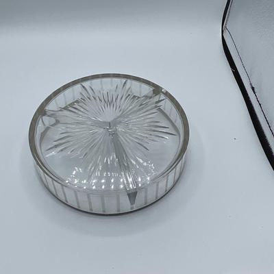 Antique Shreve Cut Glass Divided Dish with  Itaglio Dome Lid  Hammered Sterling Silver