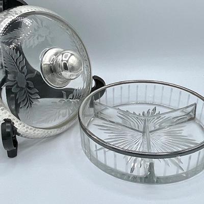Antique Shreve Cut Glass Divided Dish with  Itaglio Dome Lid  Hammered Sterling Silver