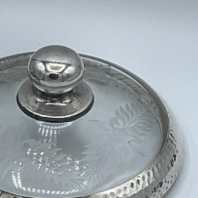 Antique Shreve Cut Glass Divided Dish with  Itaglio Dome Lid  Hammered Sterling Silver
