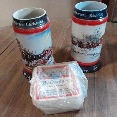LOT 98 BUDWEISER COLLECTIBLE STEINS WITH COASTERS