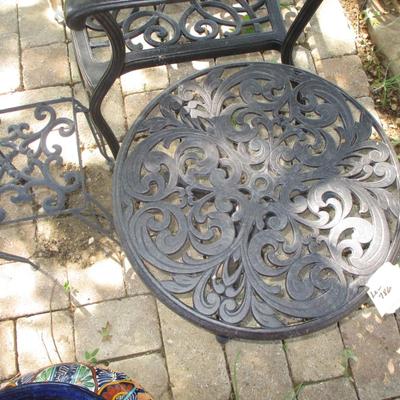 Wrought Iron Garden Bench, Side Table, and Plant Stand