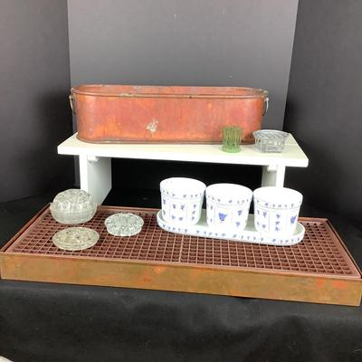 6313 Copper Planter/Strainer, 5 Flower Frogs & Set of 4 Block Bernarda Pots