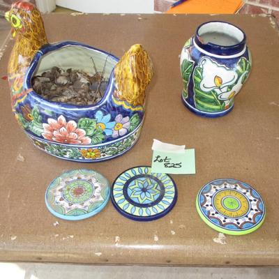 Ceramic Hand Painted Hen Planter-Vase and Coasters
