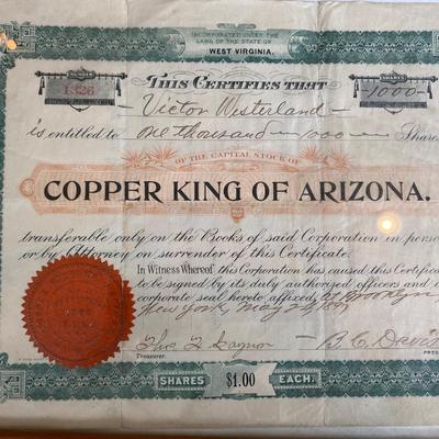 RARE Mining Stock Certificate 1897 COPPER KING OF ARIZONA