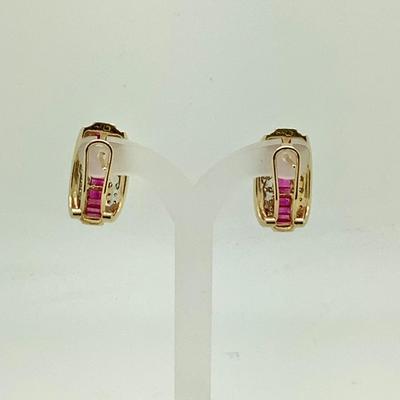 #8251 14K Yellow Gold Ruby and Diamond Hoop Earrings