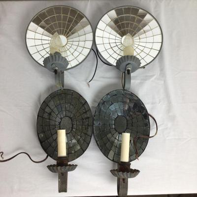 6319 Two Sets of Tin Round Mirrored Electrified Sconces