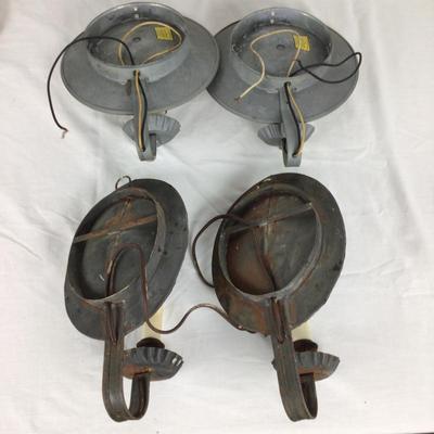 6319 Two Sets of Tin Round Mirrored Electrified Sconces