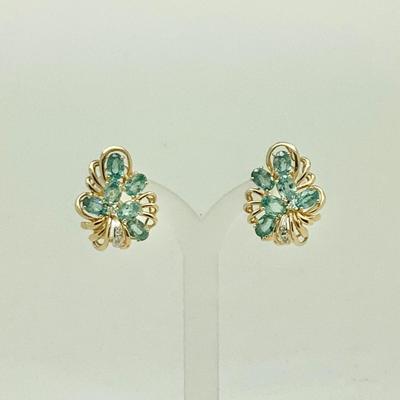#8254 14K Yellow Gold Blue Topaz and Diamond Cluster Earrings